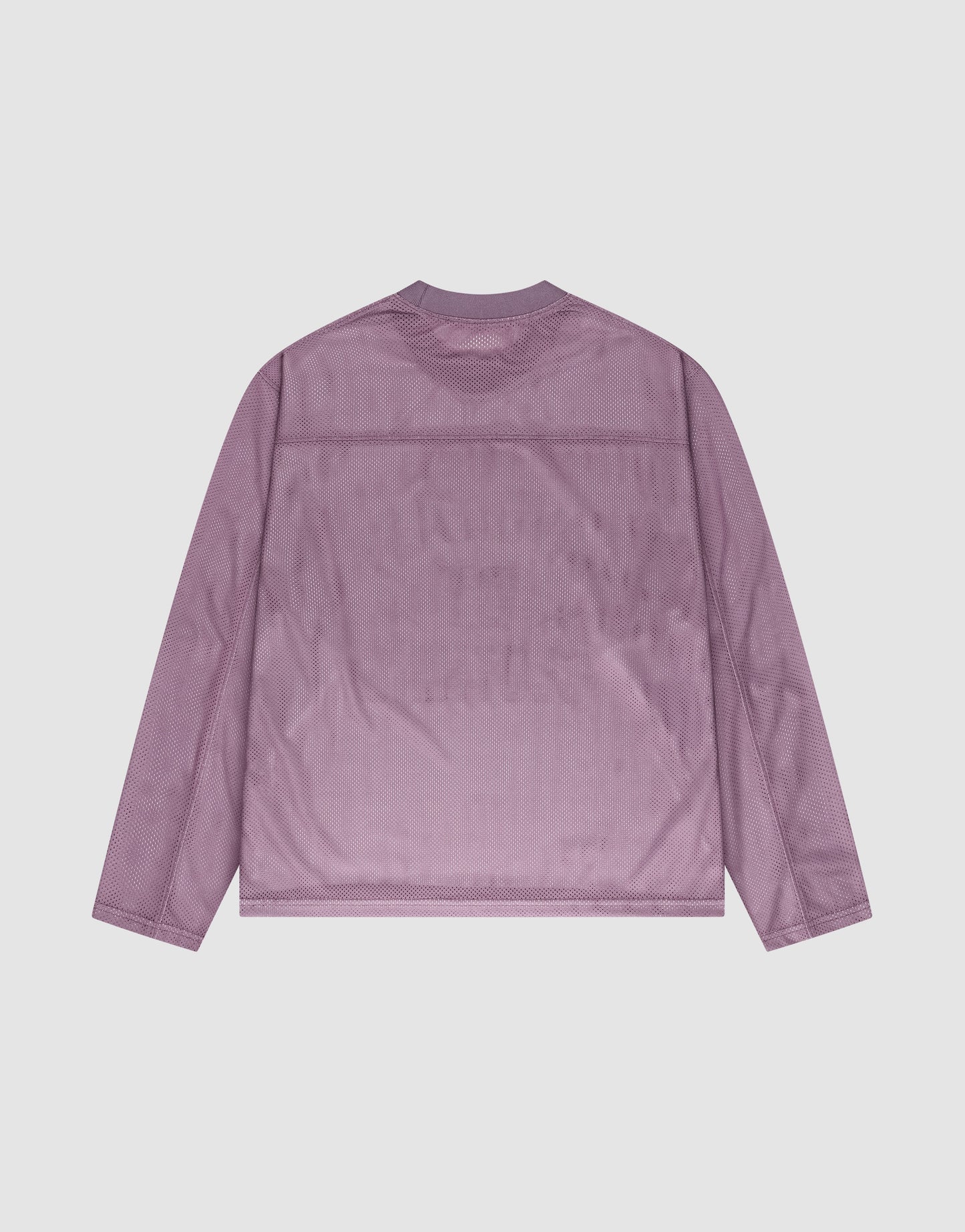The LFDY Flash Jersey by LIVE FAST DIE YOUNG is a light purple, long-sleeved mesh top with an oversize fit, shown flat from the back on a white background.