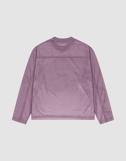 The LFDY Flash Jersey by LIVE FAST DIE YOUNG is a light purple, long-sleeved mesh top with an oversize fit, shown flat from the back on a white background.