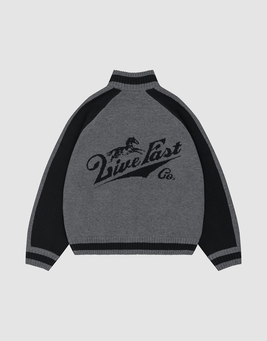 The Boxy Knit Zip Jacket by LIVE FAST DIE YOUNG features gray and black intarsia-knit with dark raglan sleeves, a running horse graphic, “Live Fast Co.” on the back, and ribbed cuffs, hem, and collar for an oversize fit.| plain