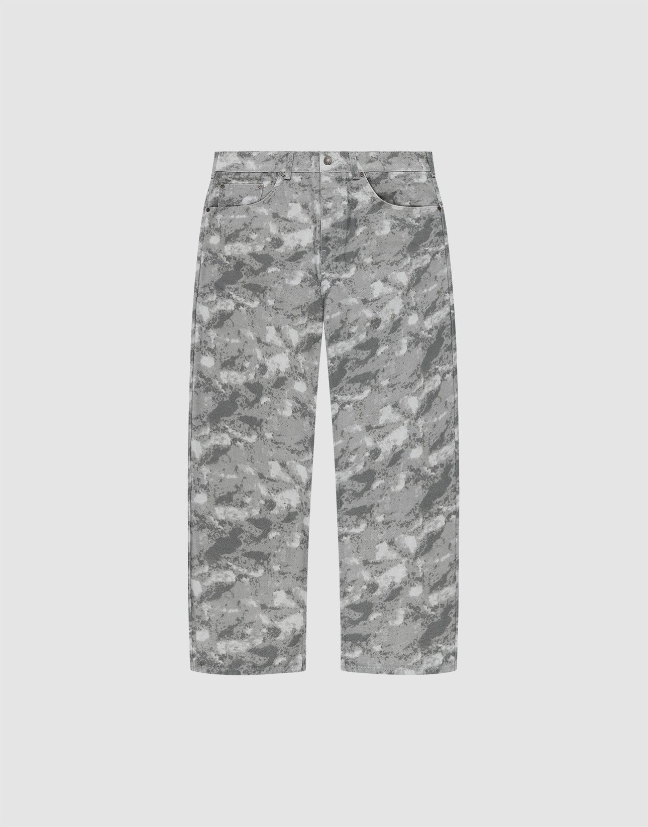 The Live Fast Canvas Pants by LIVE FAST DIE YOUNG feature a gray and white abstract camouflage pattern on 100% Baumwolle, straight-leg design with front button and zip closure, pockets, relaxed baggy fit, shown on a plain light background.