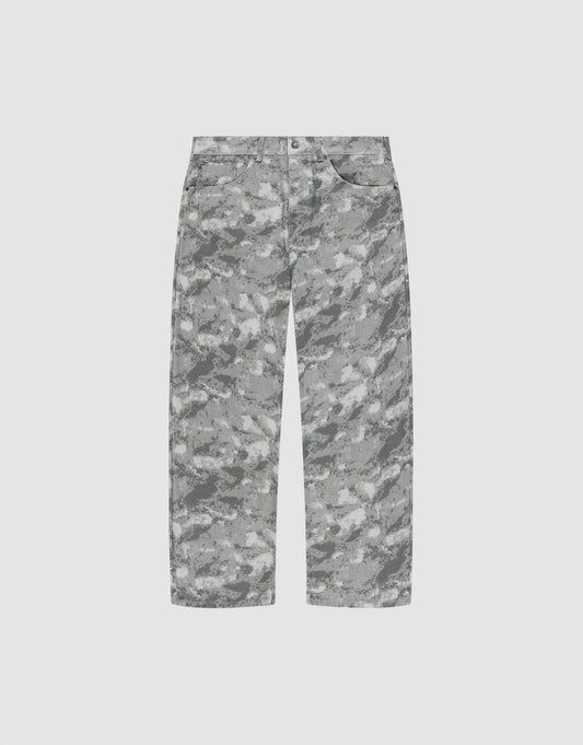 The Live Fast Canvas Pants by LIVE FAST DIE YOUNG feature a gray and white abstract camouflage pattern on 100% Baumwolle, straight-leg design with front button and zip closure, pockets, relaxed baggy fit, shown on a plain light background. | plain