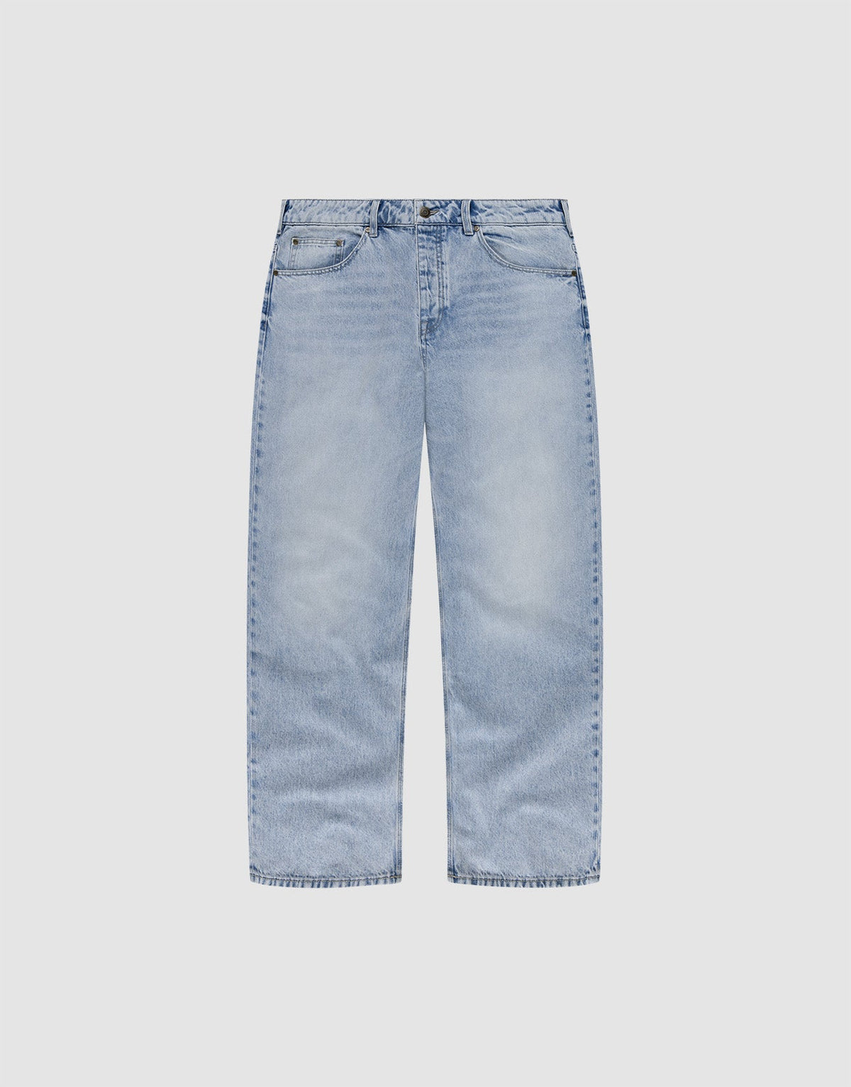 The LFDY Baggy Denim by LIVE FAST DIE YOUNG is a light blue, 100% cotton jean with a wide straight leg, classic five-pocket design, and relaxed baggy fit, shown laid flat on a plain white background. | plain