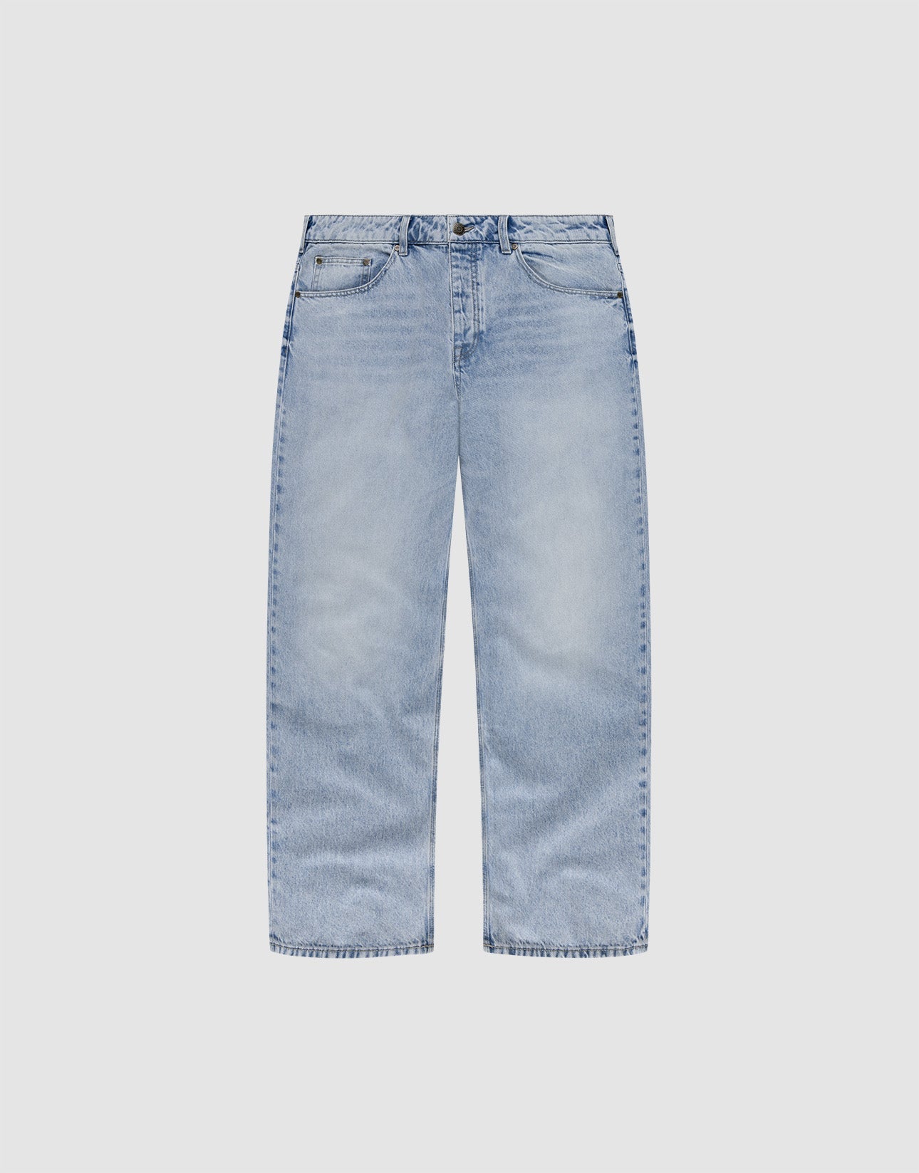 The LFDY Baggy Denim by LIVE FAST DIE YOUNG is a light blue, 100% cotton jean with a wide straight leg, classic five-pocket design, and relaxed baggy fit, shown laid flat on a plain white background. | plain