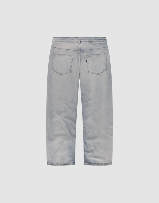 Back view of LFDY Baggy Denim by LIVE FAST DIE YOUNG in light gray, featuring two rear pockets, a Flag Label, and a straight leg cut, shown against a plain white background.