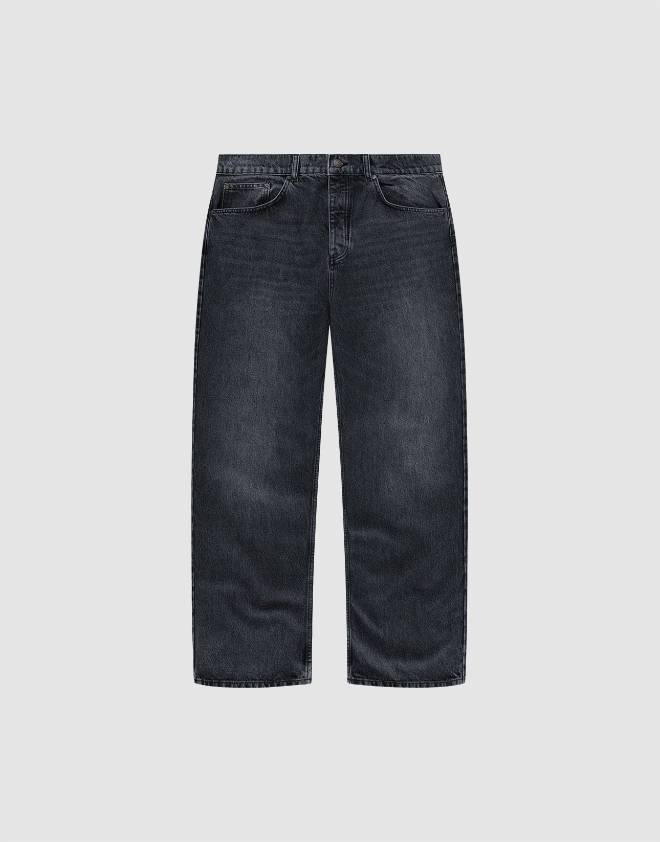 The LFDY Baggy Denim by LIVE FAST DIE YOUNG features a wide straight leg, dark-wash finish, and classic five-pocket design, shown against a plain light grey background. | plain