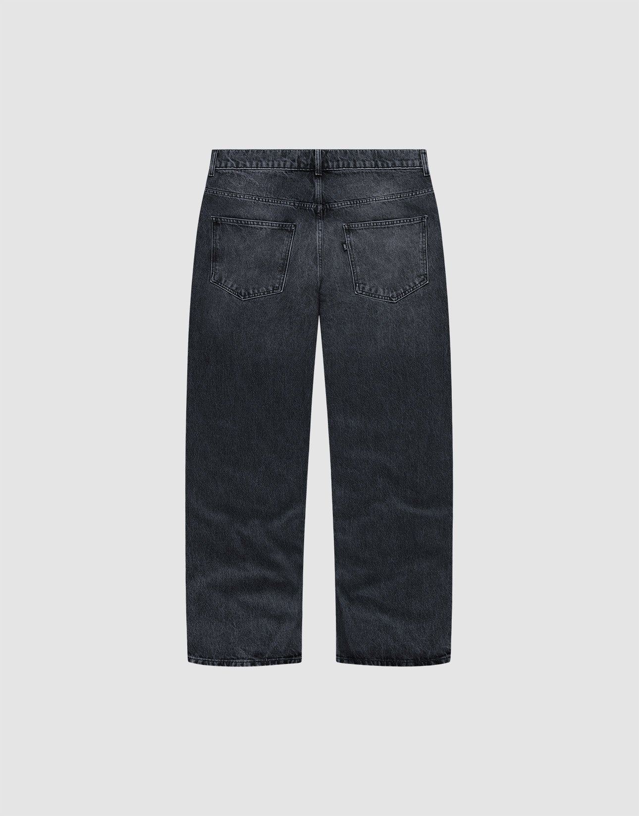 Back view of the LFDY Baggy Denim by LIVE FAST DIE YOUNG, crafted from 100% Baumwolle in dark-wash with a wide straight leg, two back pockets, no visible distressing, shown on a plain light gray background.