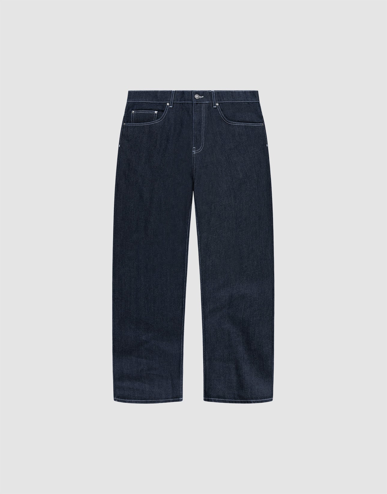 The LFDY Baggy Denim by LIVE FAST DIE YOUNG features dark blue raw-denim, a baggy straight-leg fit, white stitching, five pockets, and button closure in 100% cotton. Shown on a plain light grey background. | plain