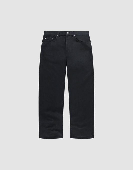 The LFDY Baggy Denim by LIVE FAST DIE YOUNG is a pair of black straight-leg jeans with a classic five-pocket design, button closure, and silver rivets, made from 100% Baumwolle and shown on a plain light gray background. | plain
