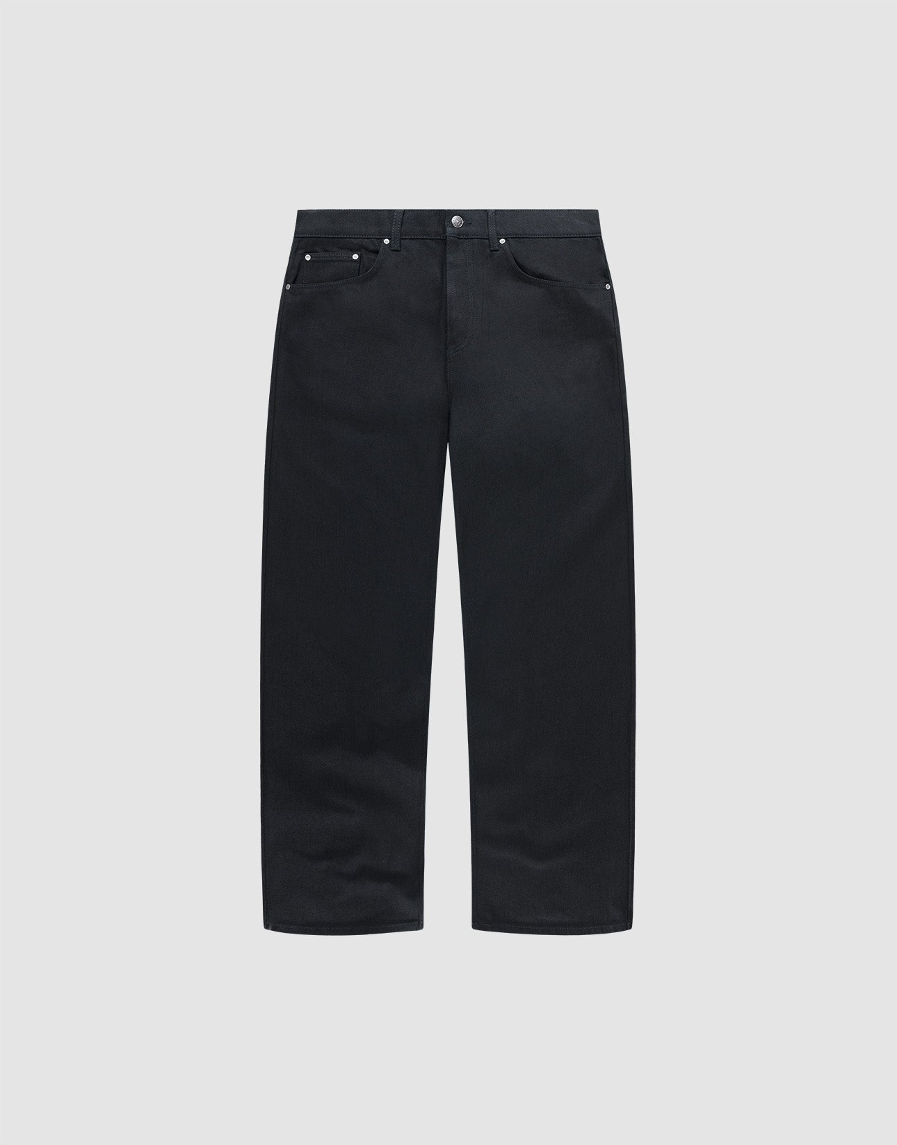 The LFDY Baggy Denim by LIVE FAST DIE YOUNG is a pair of black straight-leg jeans with a classic five-pocket design, button closure, and silver rivets, made from 100% Baumwolle and shown on a plain light gray background. | plain