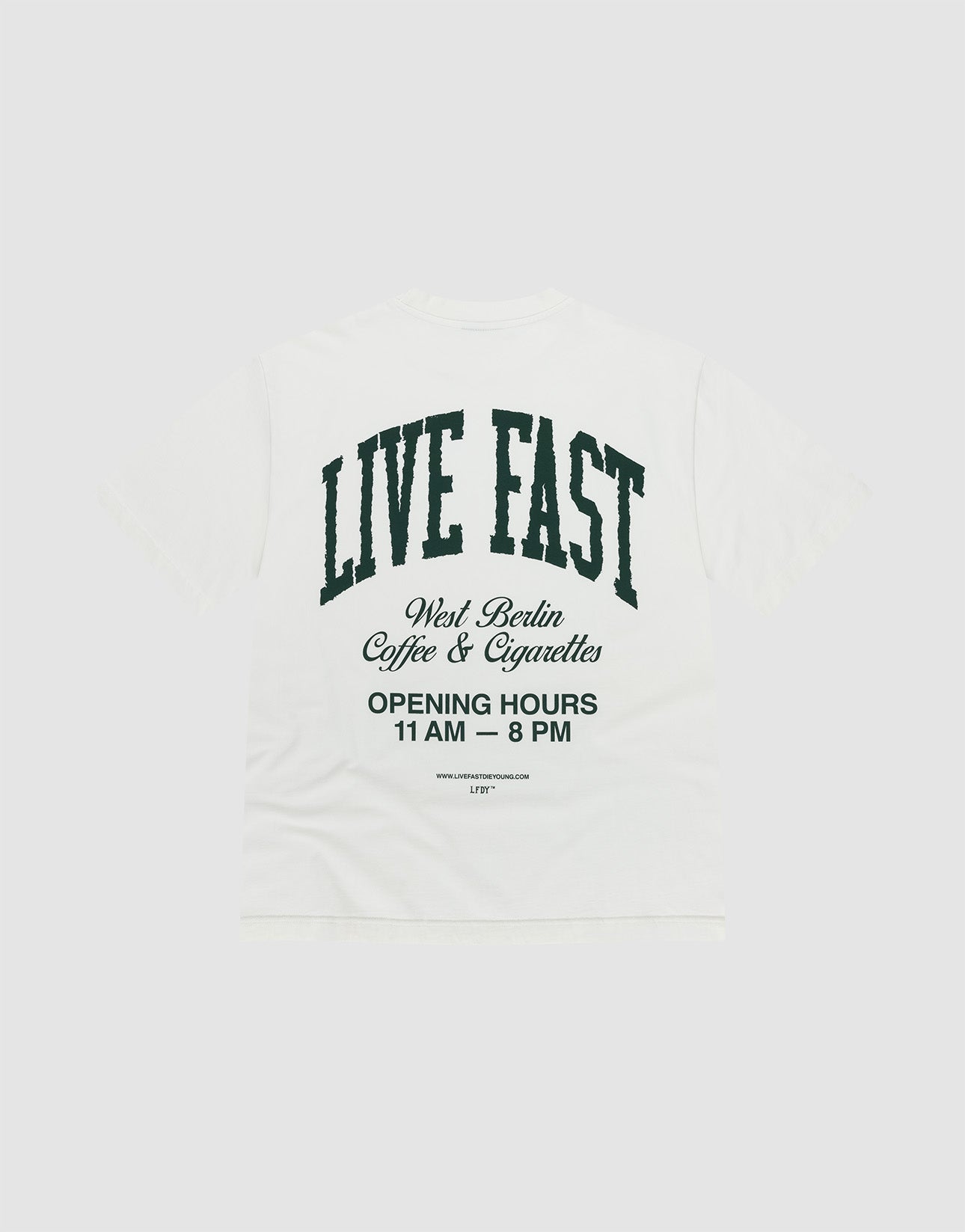 The Live Fast Coffee Tee by LIVE FAST DIE YOUNG is a white oversized T-shirt made from 100% Baumwolle, featuring bold front and back prints. Large black text on the back reads "LIVE FAST" with West Berlin Coffee & Cigarettes and opening hours below. | plain