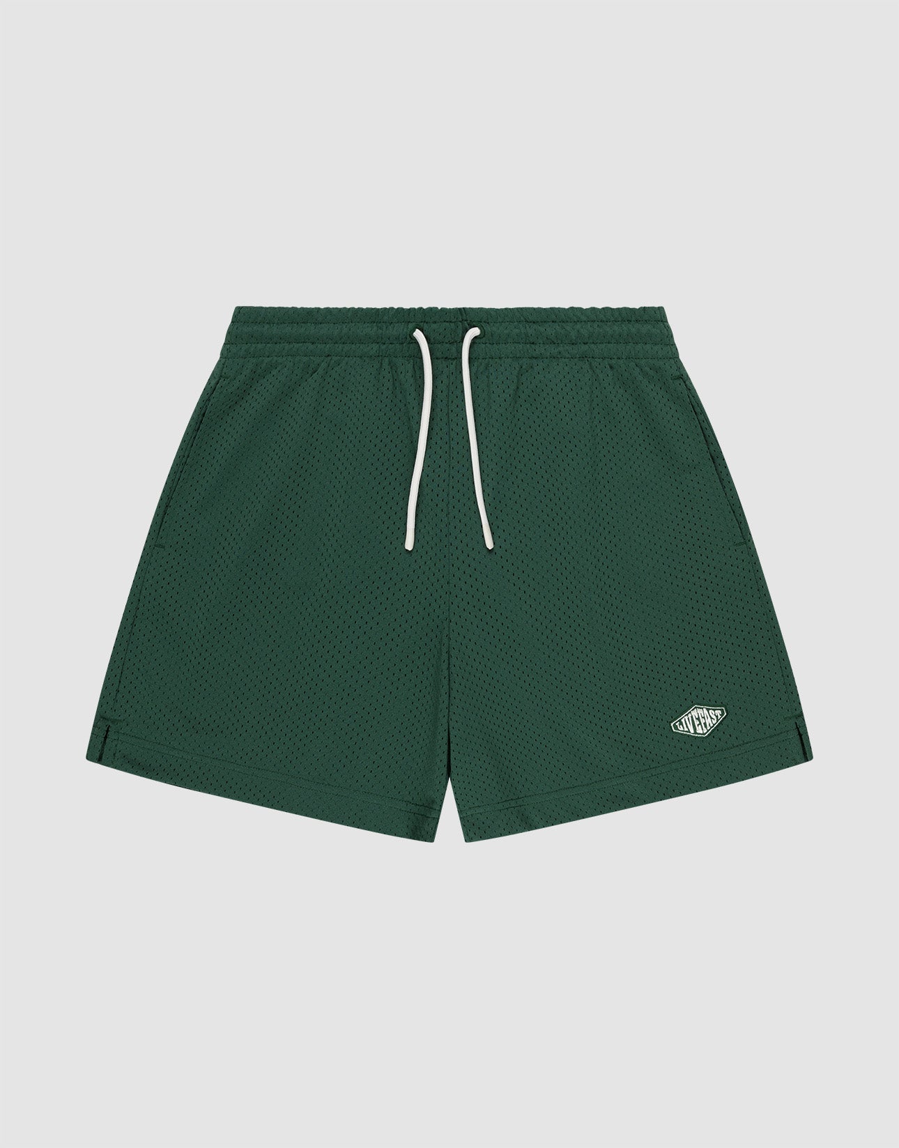LIVE FAST DIE YOUNG Basic Mesh Shorts in dark green with an elastic waistband, white drawstrings, a small white oval logo patch on the left leg, mesh texture, and regular fit, shown against a plain light background. | plain