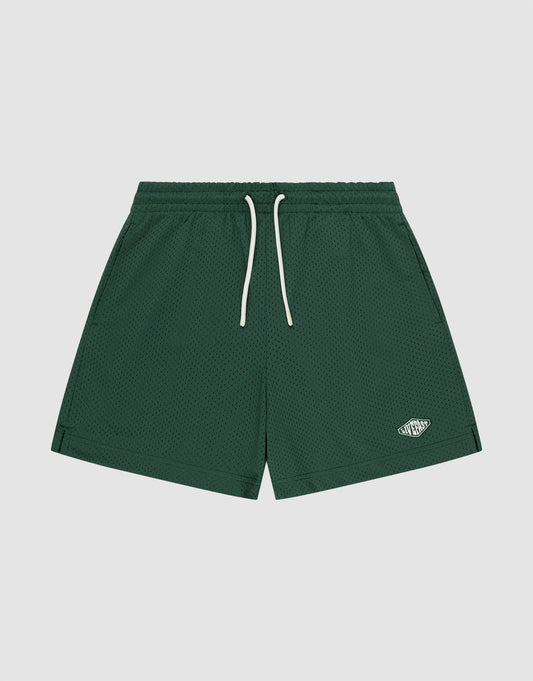 LIVE FAST DIE YOUNG Basic Mesh Shorts in dark green with an elastic waistband, white drawstrings, a small white oval logo patch on the left leg, mesh texture, and regular fit, shown against a plain light background. | plain