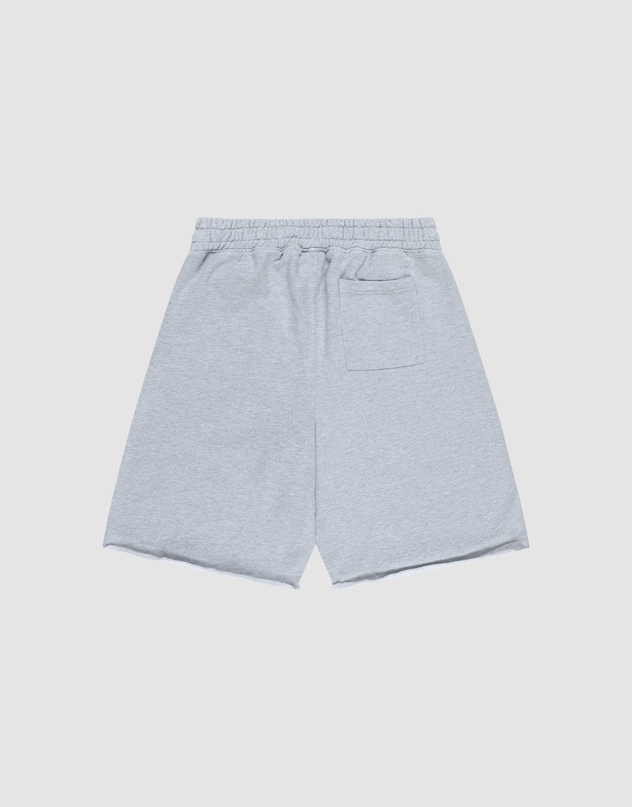 The LIVE FAST DIE YOUNG Ripped College Shorts feature a light gray color, elastic waistband, oversize fit with wide legs, raw edge hems, and a single back pocket, displayed on a plain white background.