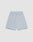 The LIVE FAST DIE YOUNG Ripped College Shorts feature a light gray color, elastic waistband, oversize fit with wide legs, raw edge hems, and a single back pocket, displayed on a plain white background.