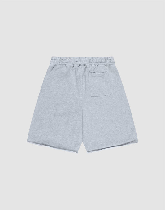 The LIVE FAST DIE YOUNG Ripped College Shorts feature a light gray color, elastic waistband, oversize fit with wide legs, raw edge hems, and a single back pocket, displayed on a plain white background.