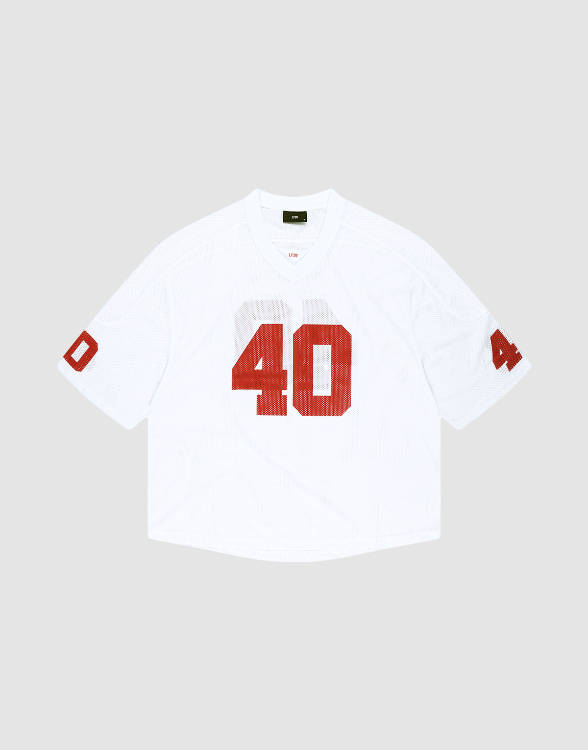 The LFDY Mesh Jersey by LIVE FAST DIE YOUNG is a white polyester football jersey with an oversize fit, short sleeves, and bold red number 40 on the front and sleeves. It features a V-neck collar and is shown on a light gray background. | plain