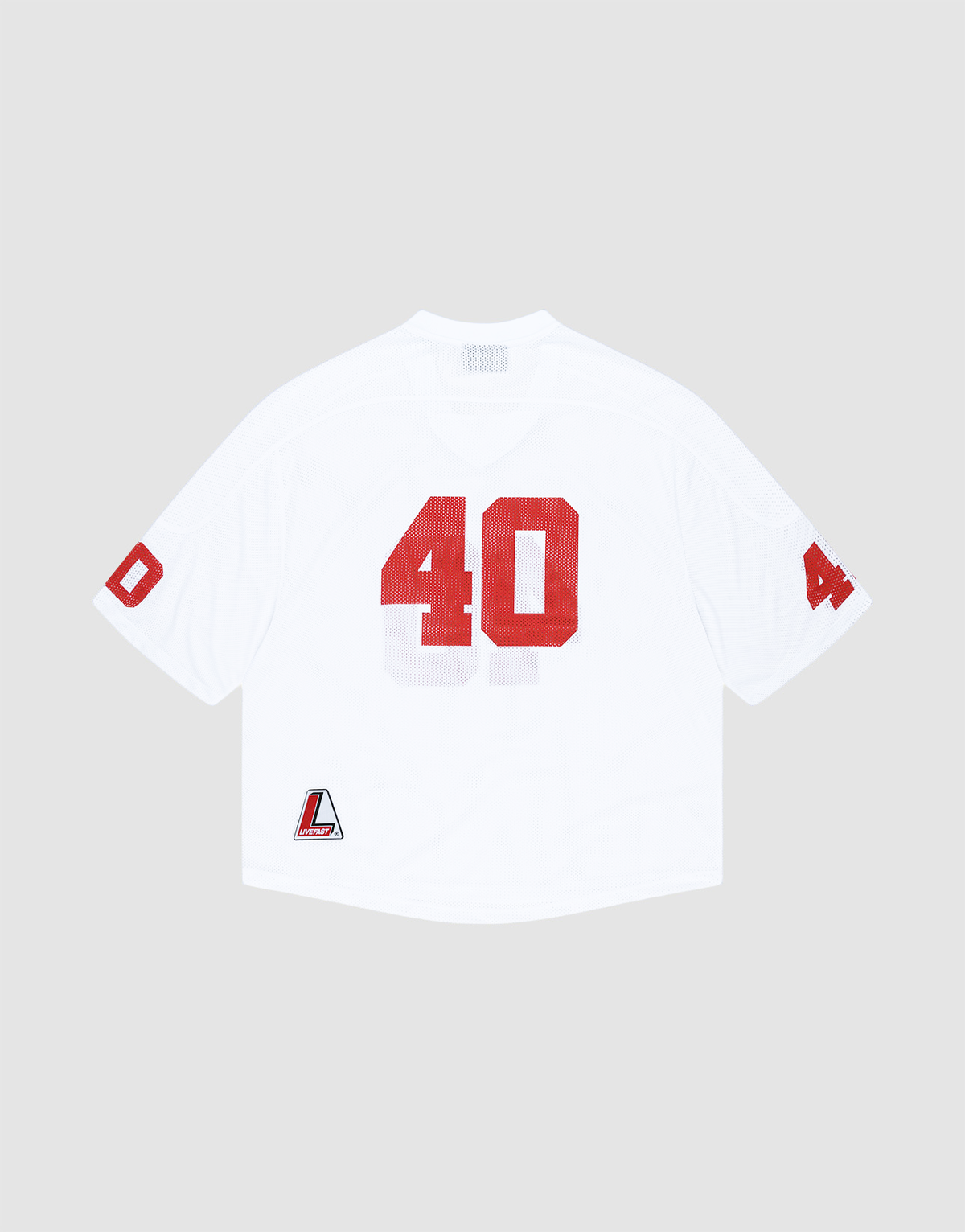 The LFDY Mesh Jersey by LIVE FAST DIE YOUNG is a white polyester V-Ausschnitt sports top with an oversize fit, featuring red number 40 on back and sleeves, a small L logo patch at the bottom left hem, and is displayed flat on a light background.