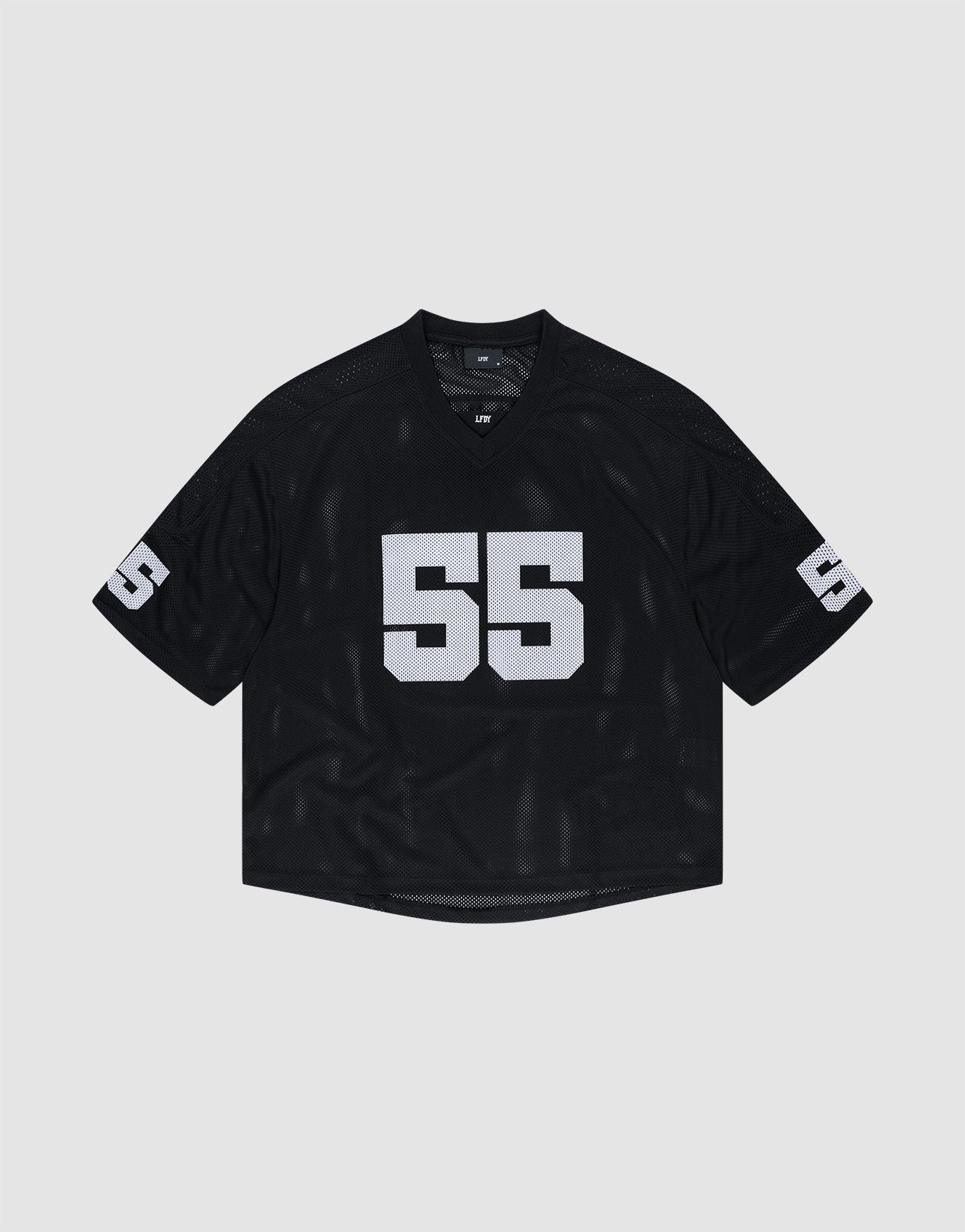The LFDY Mesh Jersey by LIVE FAST DIE YOUNG is a black short-sleeve oversize-fit sports jersey with a V-neck, white number 55 on the front and sleeves, in breathable polyester, shown on a plain light gray background.
