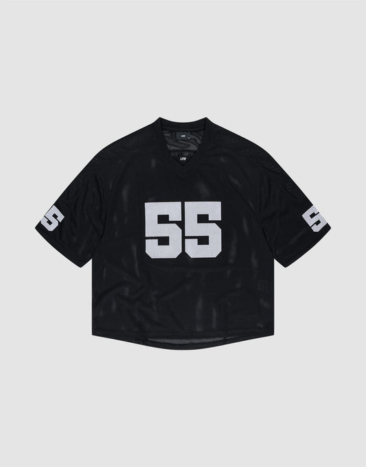 The LFDY Mesh Jersey by LIVE FAST DIE YOUNG is a black short-sleeve oversize-fit sports jersey with a V-neck, white number 55 on the front and sleeves, in breathable polyester, shown on a plain light gray background. | plain
