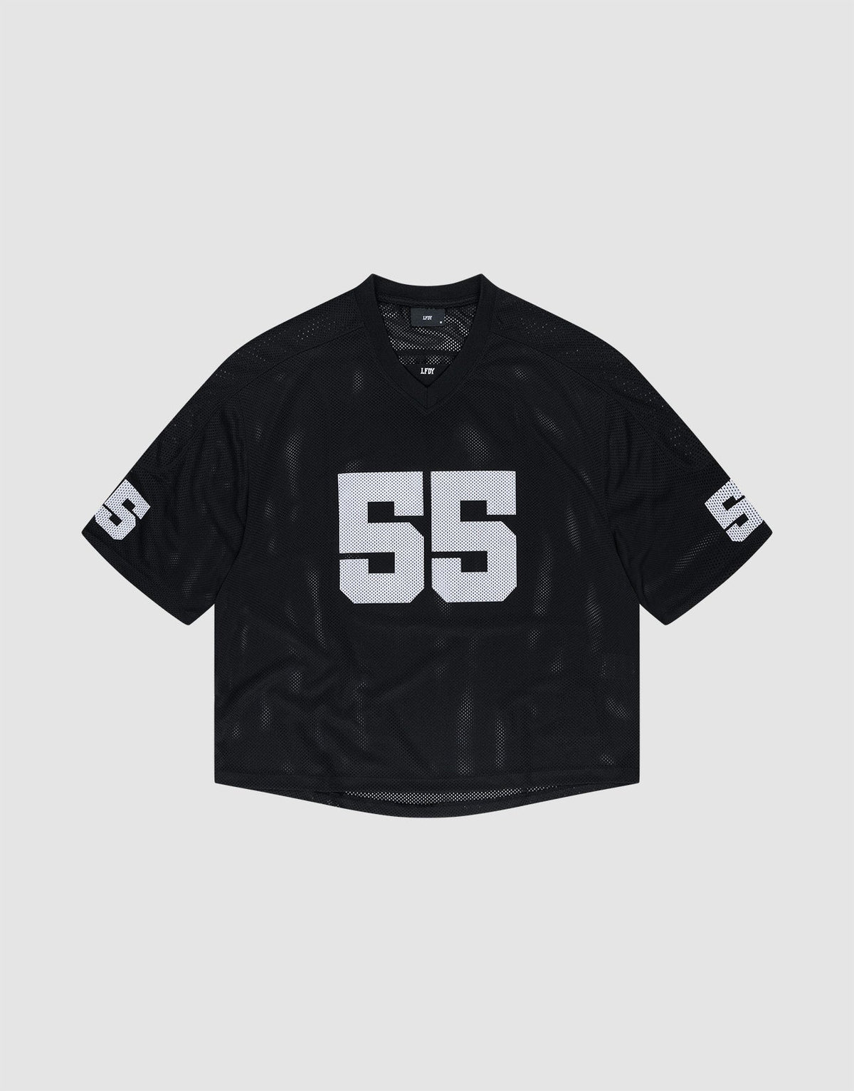 The LFDY Mesh Jersey by LIVE FAST DIE YOUNG is a black short-sleeve oversize-fit sports jersey with a V-neck, white number 55 on the front and sleeves, in breathable polyester, shown on a plain light gray background. | plain