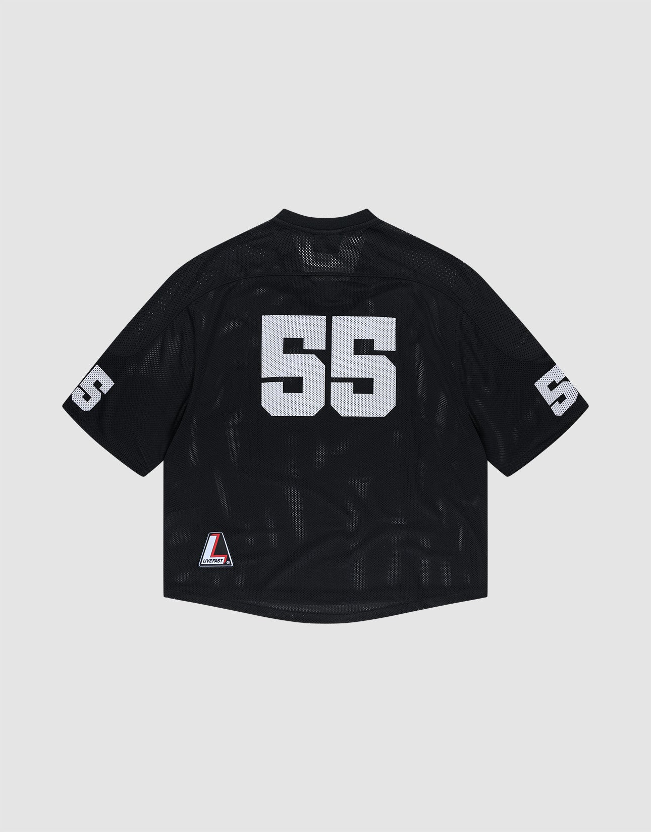 The LFDY Mesh Jersey by LIVE FAST DIE YOUNG is a black polyester sports top with an oversize fit, featuring white number 55 on the back and sleeves and a small logo patch near the bottom hem, set against a light gray background.