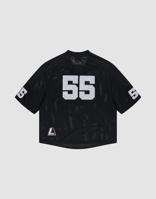 The LFDY Mesh Jersey by LIVE FAST DIE YOUNG is a black polyester sports top with an oversize fit, featuring white number 55 on the back and sleeves and a small logo patch near the bottom hem, set against a light gray background.