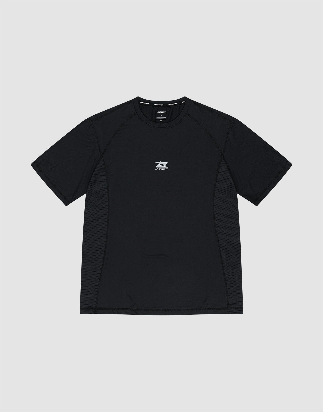 The LIVE FAST DIE YOUNG Live Fast Performance Tee is a slim-fit black short-sleeve athletic shirt featuring a small white graphic and text on the chest, shown flat on a light gray background. | plain