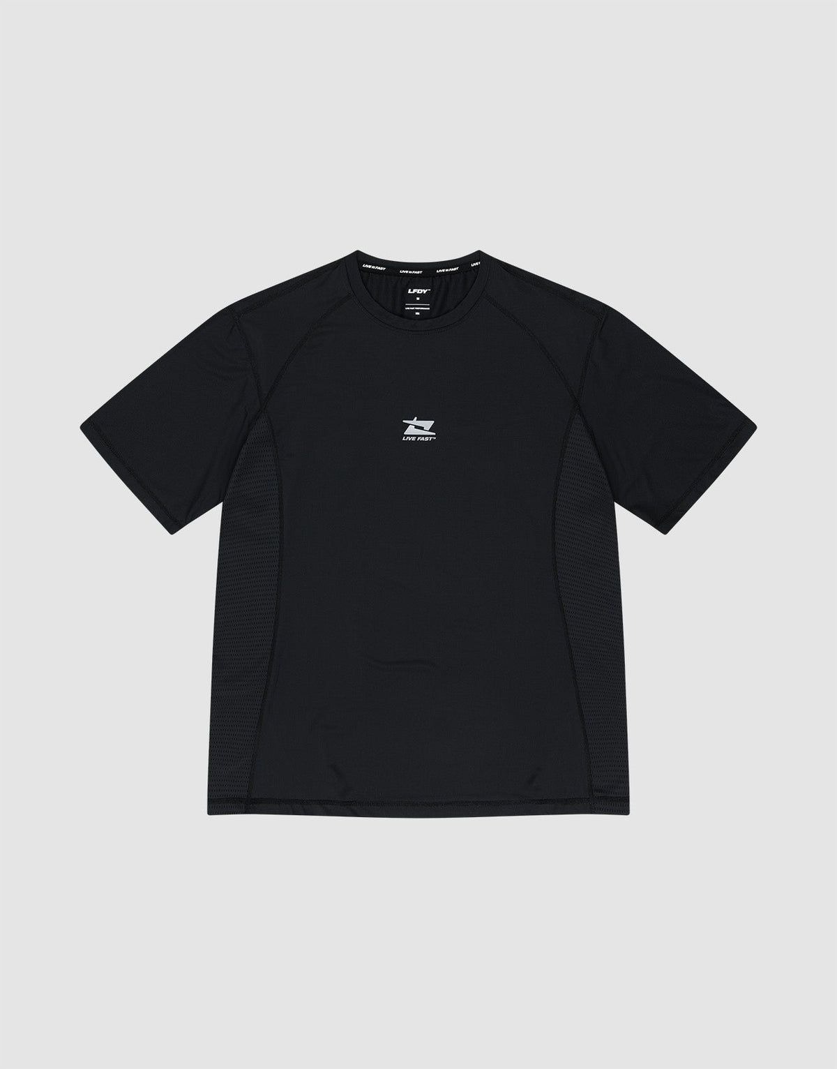 The LIVE FAST DIE YOUNG Live Fast Performance Tee is a slim-fit black short-sleeve athletic shirt featuring a small white graphic and text on the chest, shown flat on a light gray background. | plain