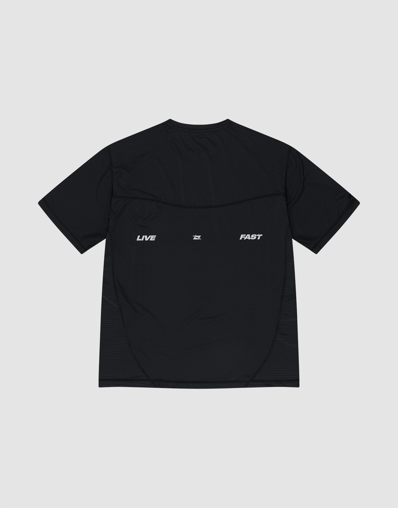 A black Live Fast Performance Tee by LIVE FAST DIE YOUNG, slim fit and short-sleeve, made of Nylon Spandex, with "LIVE" and "FAST" in white reflective print spaced across the upper back.