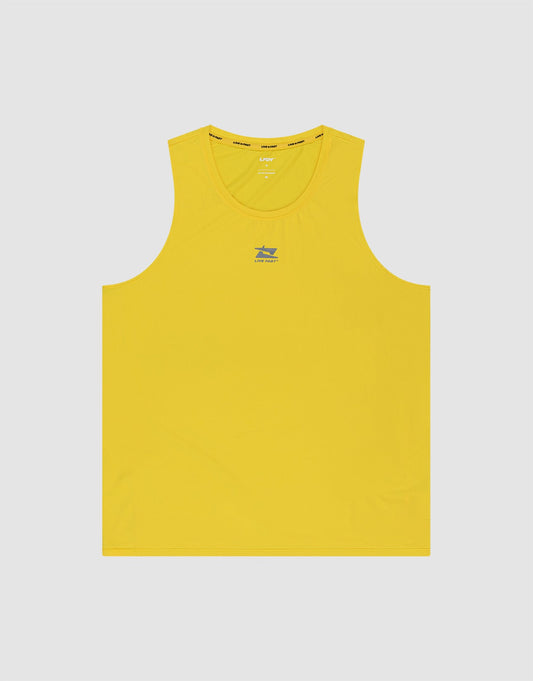 The Live Fast Performance Tank by LIVE FAST DIE YOUNG is a sleeveless yellow slim-fit top with a small blue and green logo and "Satisfy" printed on the chest, shown against a plain light gray background.