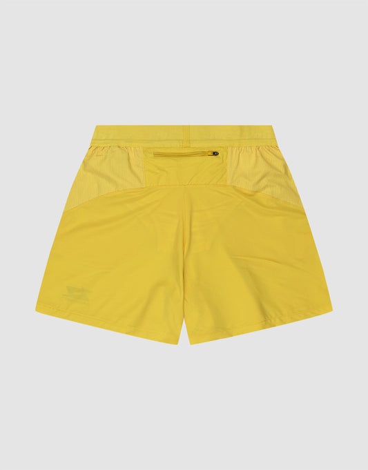 The Live Fast Performance Shorts by LIVE FAST DIE YOUNG are bright yellow with an Elastikbund waistband, zipper pocket, upper side mesh panels, relaxed fit, and lightweight fabric. Simple design shown from the back.