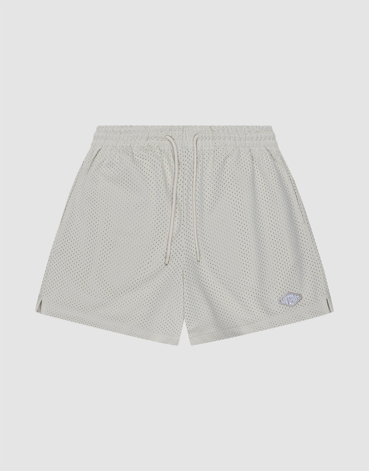 The LIVE FAST DIE YOUNG Basic Mesh Shorts in light gray are made from 100% polyester with an elastic waistband, white drawstrings, and a small logo patch on the lower left leg. Shown flat on a plain white background. | plain