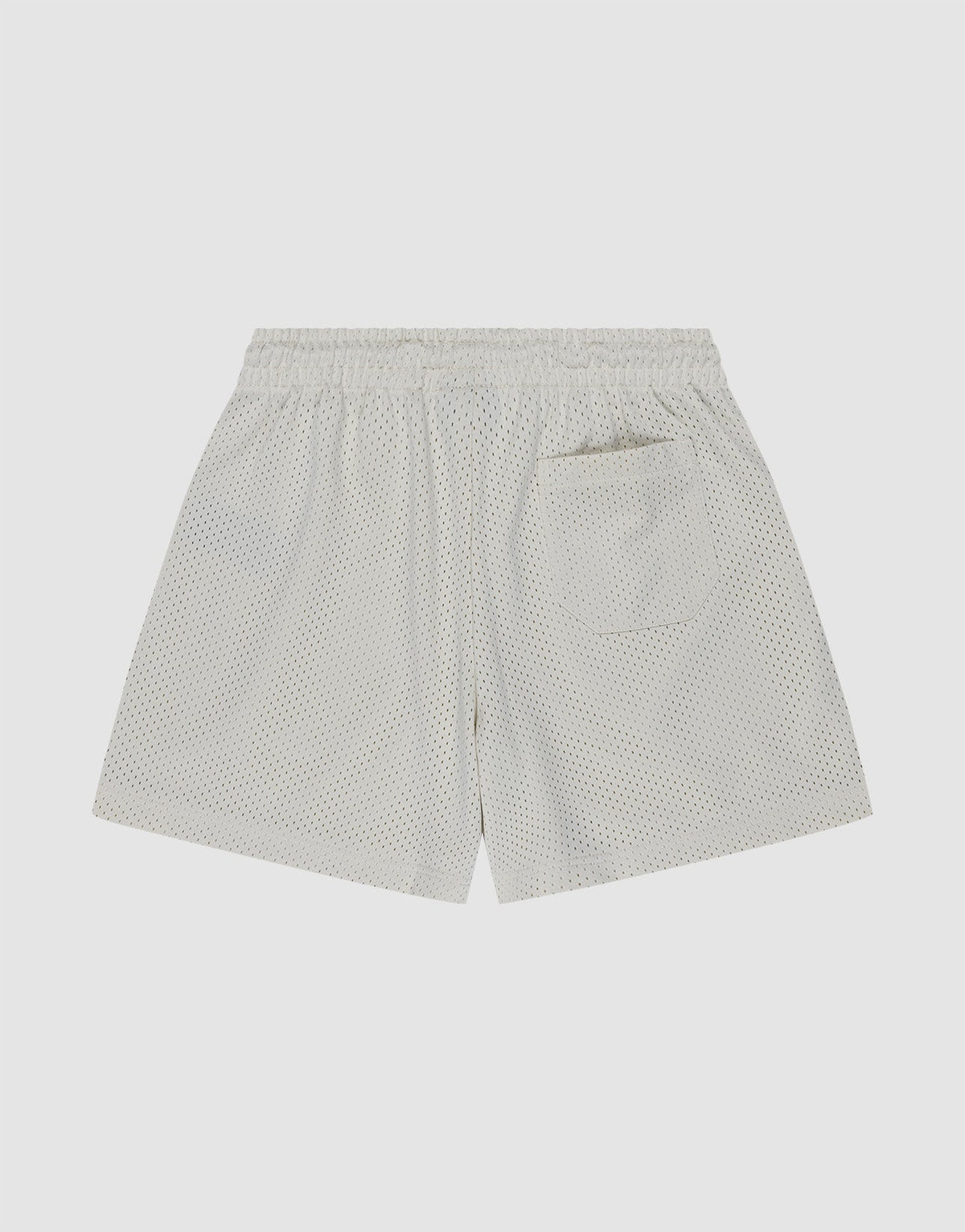 LIVE FAST DIE YOUNG Basic Mesh Shorts in light gray, crafted from 100% polyester athletic mesh, featuring a logo patch, elastic waistband, and single back pocket, shown on a plain white background.