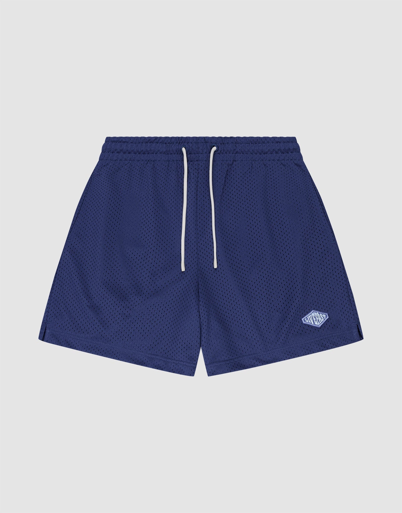 LIVE FAST DIE YOUNG Basic Mesh Shorts in navy blue polyester with a regular fit, elastic waistband, white drawstrings, and a small white embroidered logo on the left leg. Shown on a plain white background. | plain