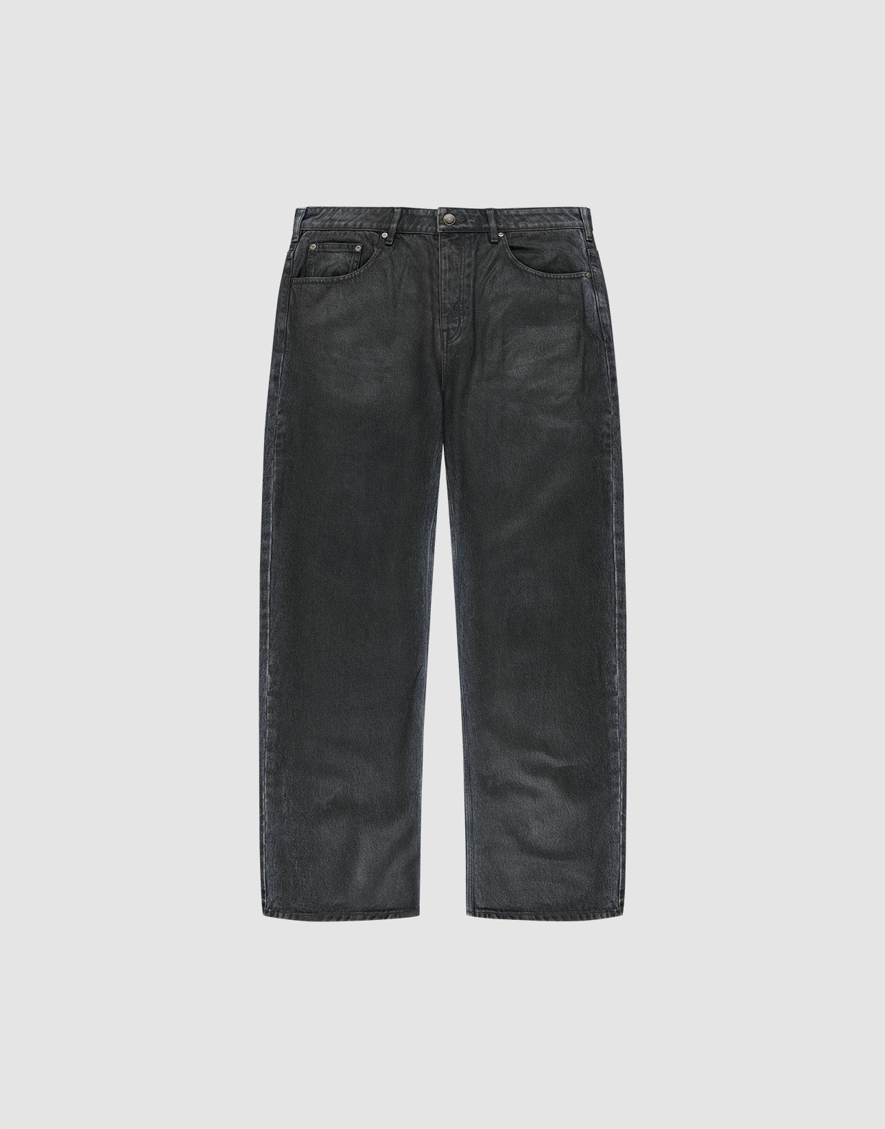 The LFDY Coated Baggy Denim by LIVE FAST DIE YOUNG features a black, 100% Baumwolle build with a weites gerades Bein, classic five-pocket style, and button closure, shown on a plain white background. | plain