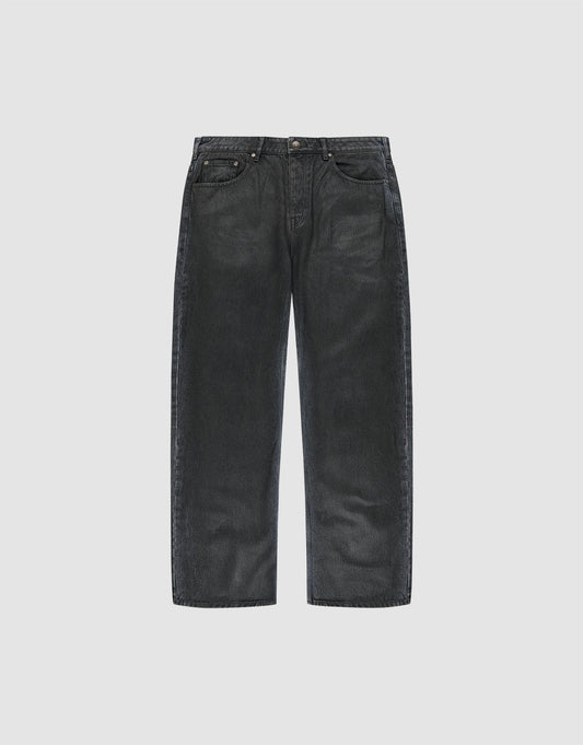 The LFDY Coated Baggy Denim by LIVE FAST DIE YOUNG features a black, 100% Baumwolle build with a weites gerades Bein, classic five-pocket style, and button closure, shown on a plain white background. | plain