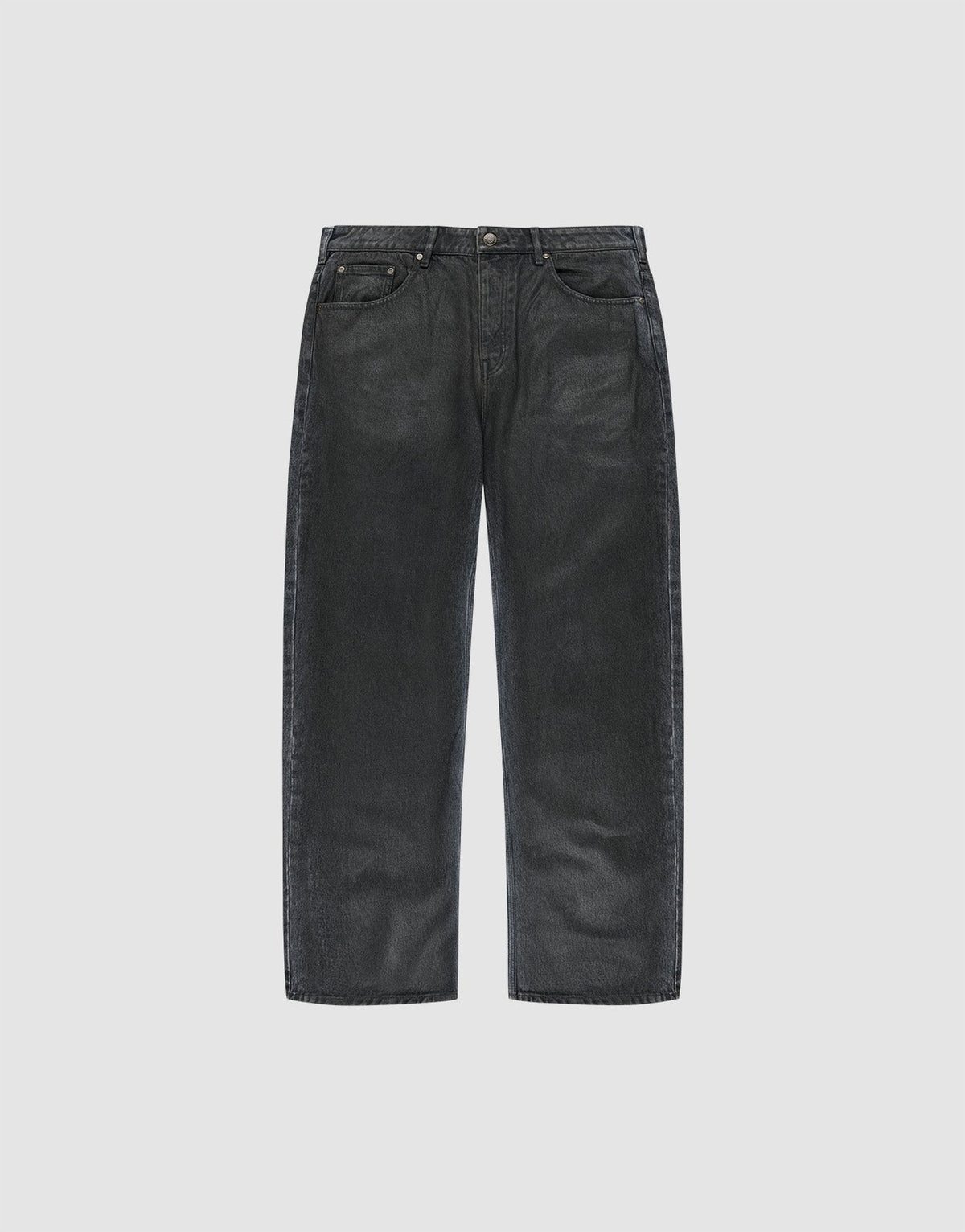 The LFDY Coated Baggy Denim by LIVE FAST DIE YOUNG features a black, 100% Baumwolle build with a weites gerades Bein, classic five-pocket style, and button closure, shown on a plain white background. | plain