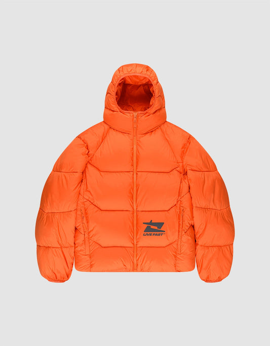 The Live Fast Puffer Jacket by LIVE FAST DIE YOUNG features bright orange fabric, reflektierender Print, hood, front zipper, black LIVE FAST arrow graphic, quilted sections, elastic cuffs, and an Oversize Fit for comfort. | plain
