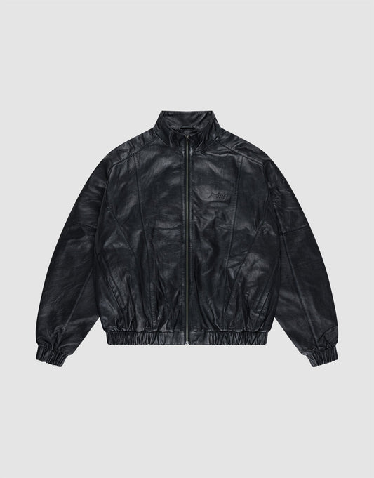 The Live Fast Leather Trackjacket by LIVE FAST DIE YOUNG is a black, zip-up, long-sleeve jacket with an embossed logo, Stehkragen, and elastic cuffs and waistband, shown on a plain light gray background. | plain