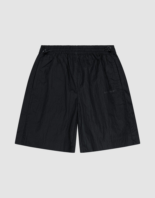 The LIVE FAST DIE YOUNG Live Fast Nylon Shorts feature an oversized fit, elastic waistband (Elastikbund), subtle side pockets, and a slightly wrinkled texture, shown flat on a plain light gray background. | plain