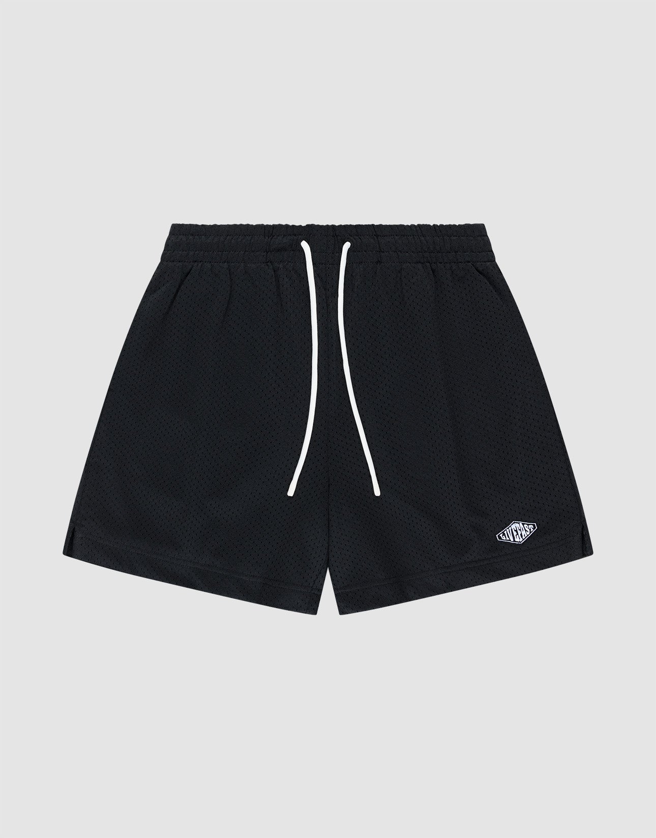 The Basic Mesh Shorts by LIVE FAST DIE YOUNG feature black polyester mesh, a regular fit, elastic waistband with white drawstrings, and a small white embroidered logo on the lower left leg. Shown against a light gray backdrop. | plain