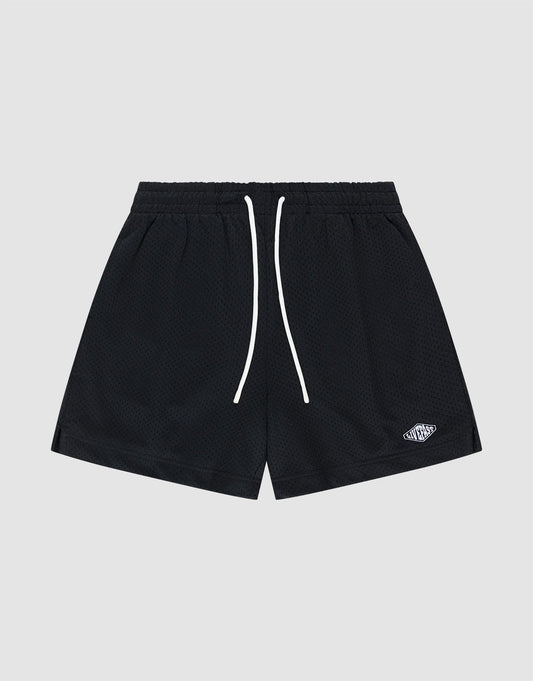 The Basic Mesh Shorts by LIVE FAST DIE YOUNG feature black polyester mesh, a regular fit, elastic waistband with white drawstrings, and a small white embroidered logo on the lower left leg. Shown against a light gray backdrop. | plain