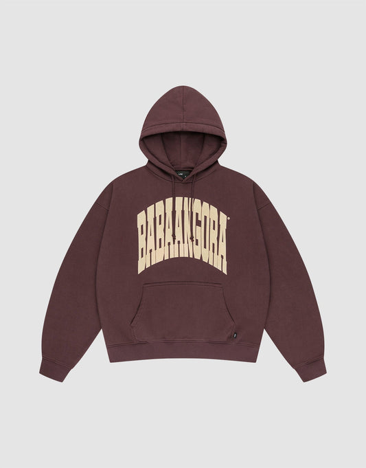 The LFDY x Baba Angora Hoodie by LIVE FAST DIE YOUNG is a maroon oversized cotton pullover with "BABAANGORA" in bold, arched beige letters on the chest. It has a front pocket and is shown flat on a light gray background. | plain