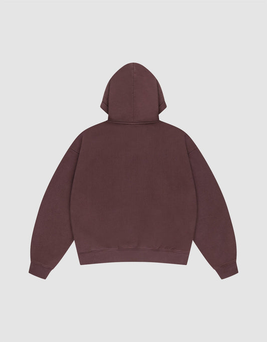 The LFDY x Baba Angora Hoodie by LIVE FAST DIE YOUNG is displayed flat, back up, in maroon. This oversized pullover features a large hood and long sleeves with no visible logos or designs on a light gray background.