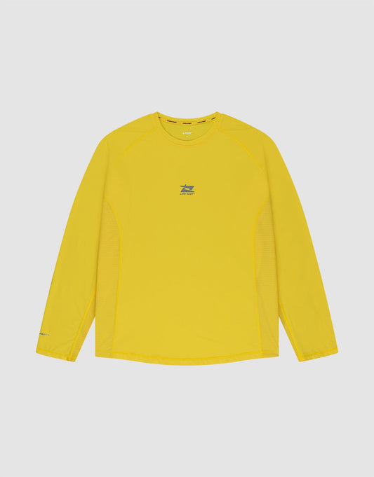 The LIVE FAST DIE YOUNG Live Fast Performance Longsleeve is a bright yellow, slim-fit athletic shirt with a small blue logo and chest text, mesh-like panels and side inserts for breathability, and a crew neckline on a light gray background. | plain