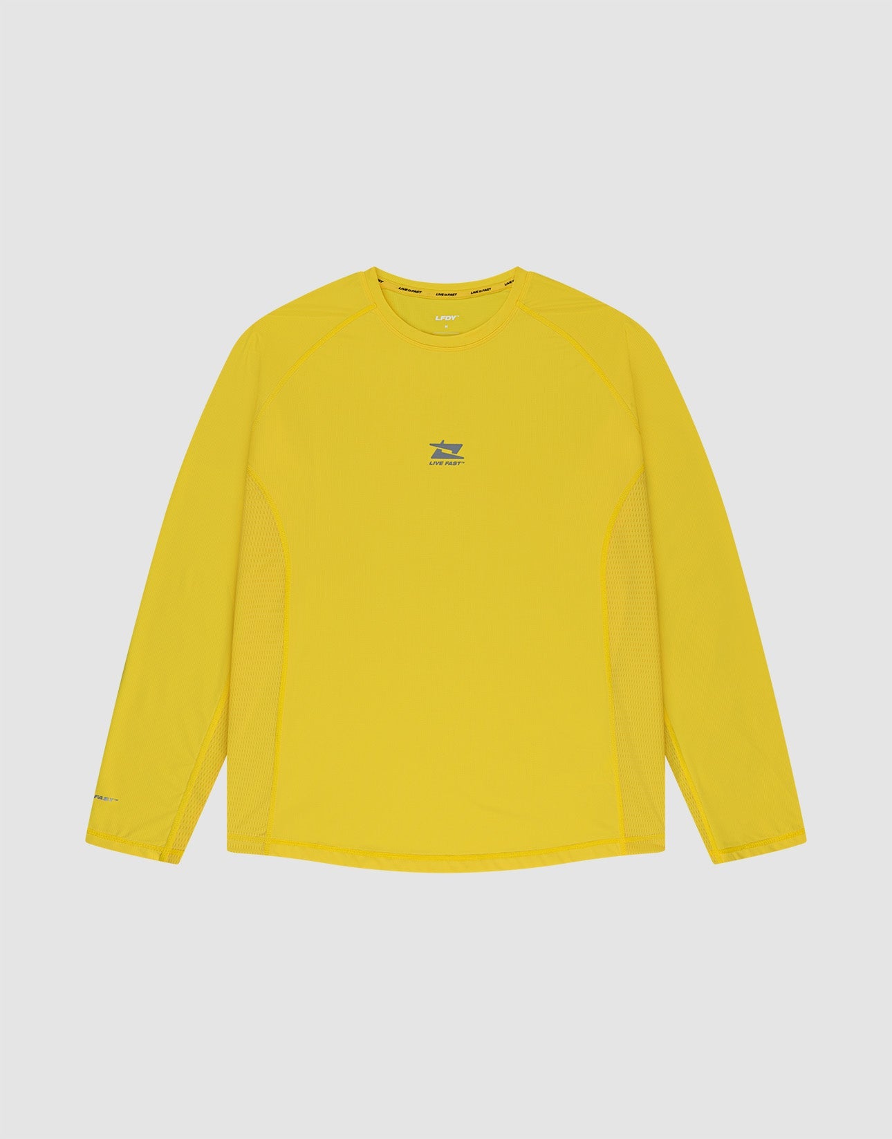 The LIVE FAST DIE YOUNG Live Fast Performance Longsleeve is a bright yellow, slim-fit athletic shirt with a small blue logo and chest text, mesh-like panels and side inserts for breathability, and a crew neckline on a light gray background. | plain