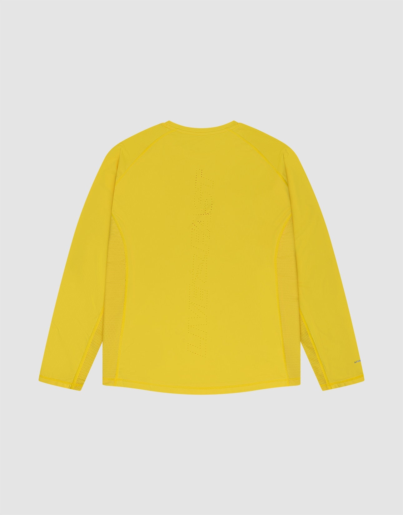 The LIVE FAST DIE YOUNG Live Fast Performance Longsleeve, a slim-fit, bright yellow athletic shirt with mesh side inserts, perforated text down the back, and a reflective front print, is shown on a flat light gray background.