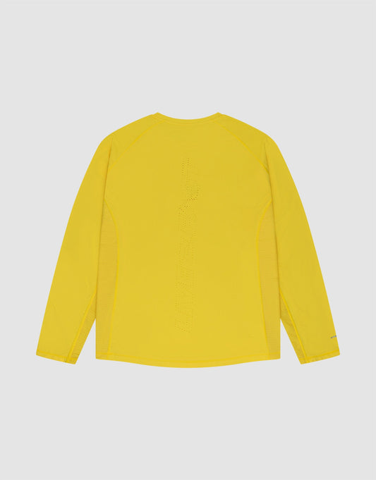The LIVE FAST DIE YOUNG Live Fast Performance Longsleeve, a slim-fit, bright yellow athletic shirt with mesh side inserts, perforated text down the back, and a reflective front print, is shown on a flat light gray background.