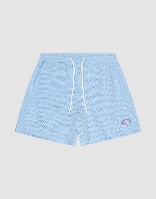 The LIVE FAST DIE YOUNG Basic Mesh Shorts are light blue, regular fit with an elastic waistband, white drawstrings, and a small purple logo patch on the lower left leg, shown against a plain light gray background. | plain