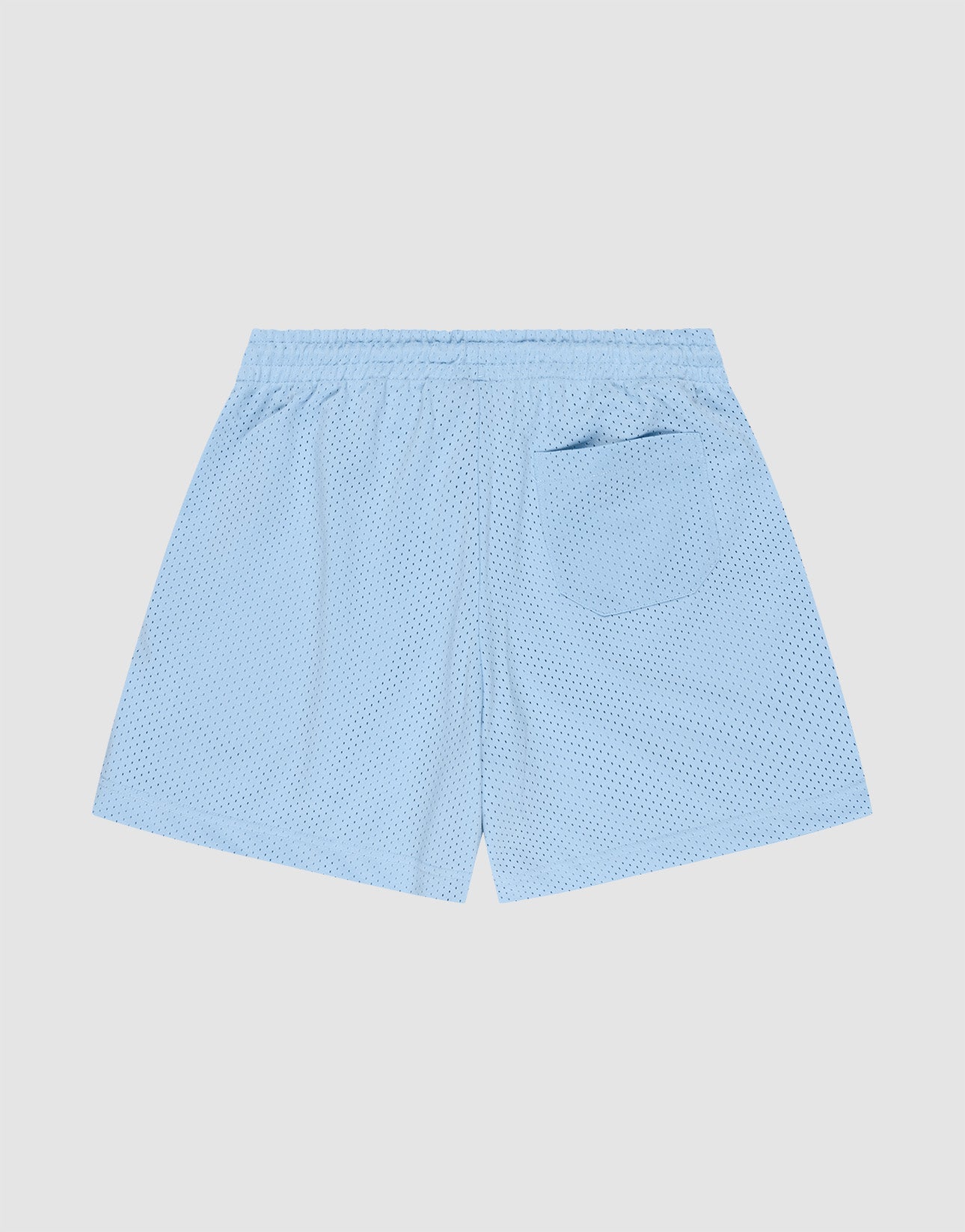The LIVE FAST DIE YOUNG Basic Mesh Shorts in light blue feature a regular fit, elastic waistband, single back pocket, and subtle logo patch. Displayed flat against a plain white background.